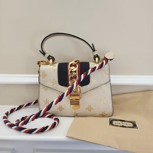 GUCCI Textured Calfskin Bee Star Print Mini Sylvie Bag Mystic White w / COA..